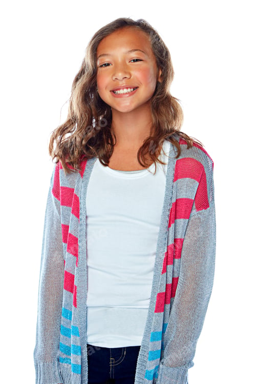 Preview: Happy girl, portrait and fashion with positive attitude for style on a white studio background