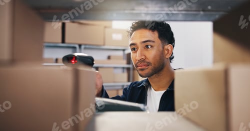Preview: Tablet, scanner and man with boxes for ecommerce, inventory management or product count