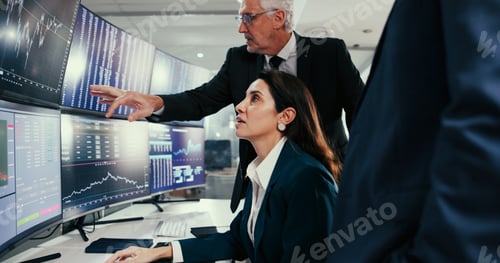 Preview: Data, monitor and trading with business people in office together for stock market investment