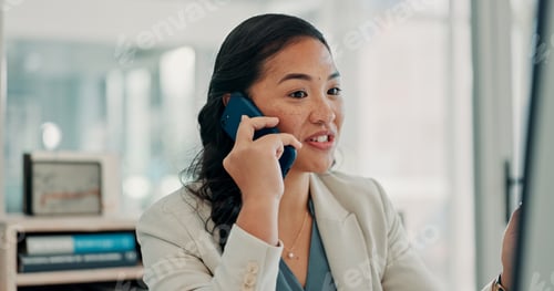 Preview: Office, phone call and woman with computer, talking or risk assessment on web