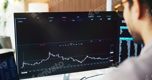 Preview: Graph, computer screen and business man with finance chart for stock market, growth and trading