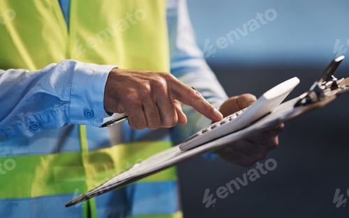 Preview: Logistics, supplier and hands with calculator in factory, inventory or quality control for delivery