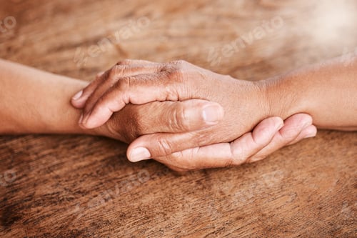 Preview: Empathy, support and senior couple with hand holding in home for grief, assurance and compassion