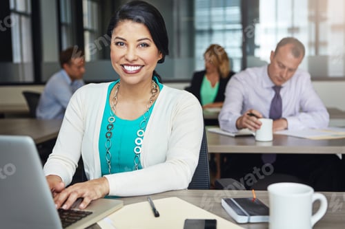Preview: Portrait, laptop and happy business woman in office for coworking, job opportunity