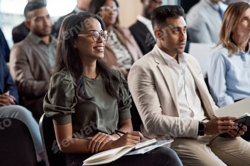 Preview: Businesswoman, laugh and audience in seminar for presentation, notes and wealth management training