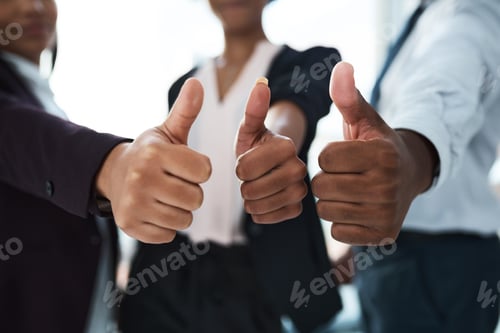 Preview: Hands, business people and thumbs up in office for achievement, goal and collaboration for winning