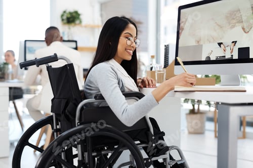 Preview: Computer, businesswoman or writing in notebook in wheelchair for story notes, planning or agency