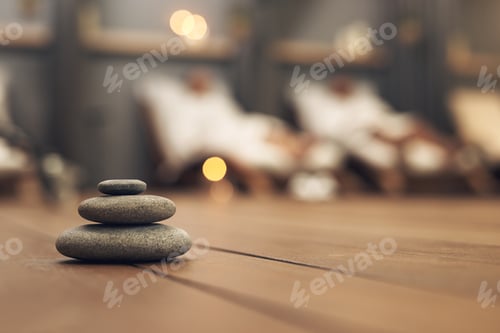 Preview: Spa, bokeh and rocks on floor, relax and hospitality with people on vacation at luxury resort