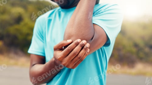 Preview: Man, fitness and elbow pain with injury for workout accident, mistake or discomfort in nature
