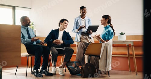 Preview: Laptop, meeting and people in cafe for creative collaboration, startup or advice