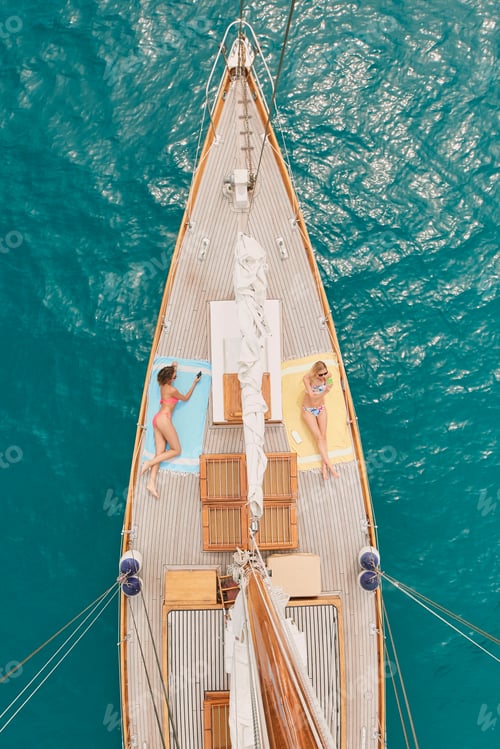 Preview: Friends, phone and travel at sea with boat, summer holiday selfie and relax on deck for luxury