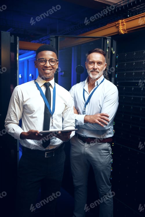 Preview: Portrait, smile and tablet with men in server room together for problem solving or solution