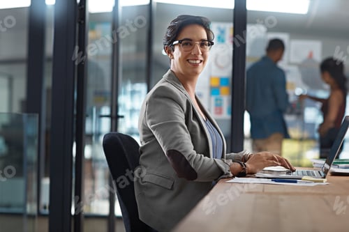 Preview: Woman, portrait and laptop in office for research, business procedure and creative feedback
