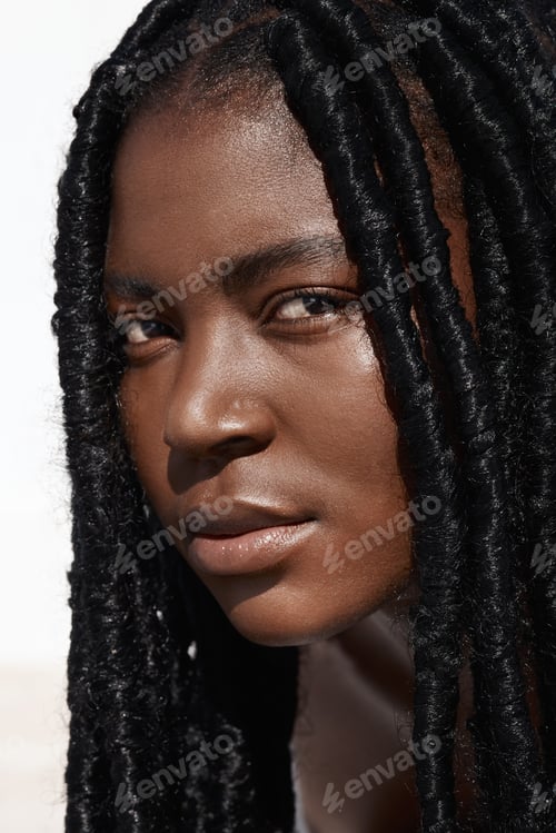 Preview: Serious, portrait and woman with braids, haircare and cosmetics for texture of hairstyle and hairdo
