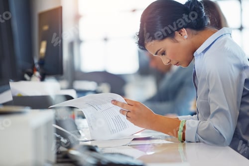 Preview: Paperwork, reading and business woman in office for financial report, budget planning and proposal