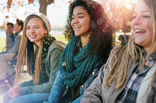 Preview: Bench, teenage girls and friends in park, conversation and relax with happiness