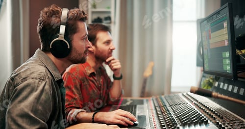 Preview: Equipment, music and sound board with people in studio together for audio engineering or production
