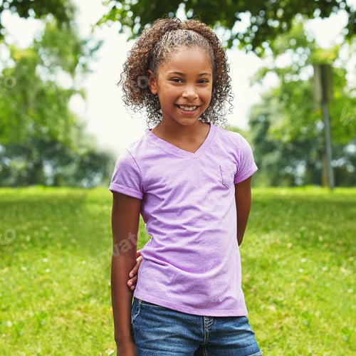 Preview: Portrait, girl child and happy at park for summer break, fresh air and development on weekend