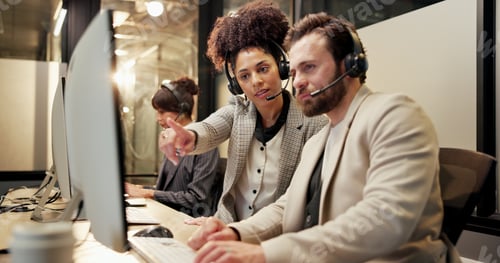 Preview: Headset, computer and call center agent with manager in office for feedback on crm or contact us