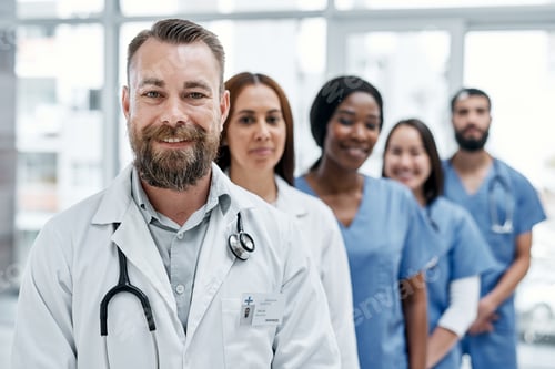 Preview: Medical, portrait or man in clinic with team, about us or job in healthcare management