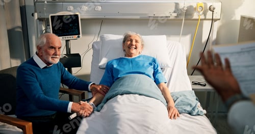 Preview: Old woman, husband and happy with doctor in hospital bed for recovery, good news and health update