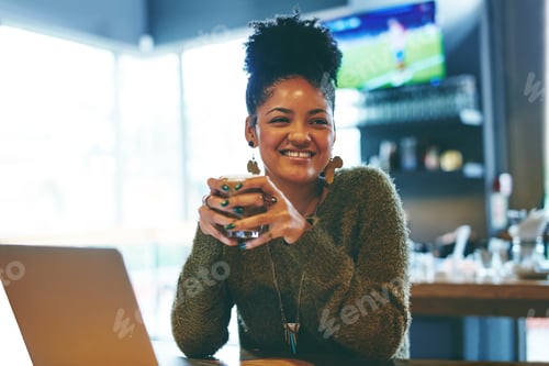 Preview: Woman, coffee and smile in cafe with laptop, remote work or inspiration for journalism creativity