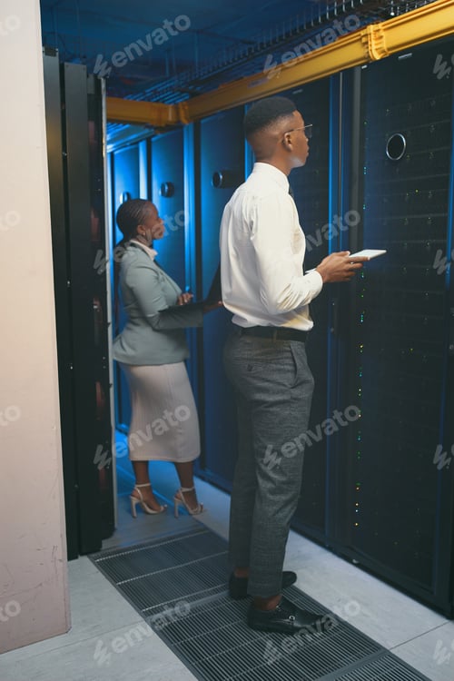 Preview: Tech, black people and inspection in server room for update, system performance or maintenance