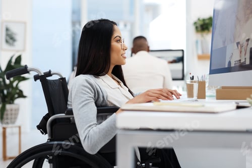 Preview: Woman, computer and wheelchair in office with typing, glasses and project management at media