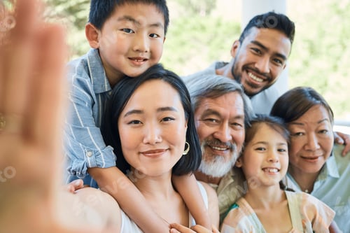 Preview: Big family, portrait and outdoor with generations for selfie, travel memory