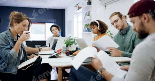 Preview: Creative, business people or team with documents in office for project development or design agency