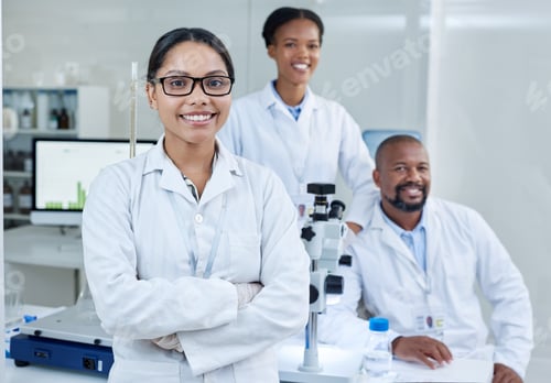 Preview: Science, portrait or staff in lab with smile, about us or experiment for vaccine development