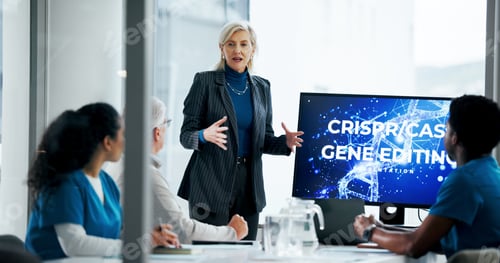 Preview: Presentation, woman and monitor with healthcare staff for discussion, innovation and crispr