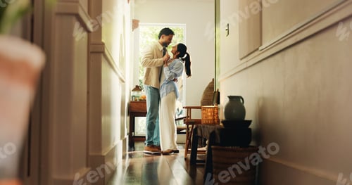 Preview: Smile, couple and dancing with love at house for romance, affection and bonding together
