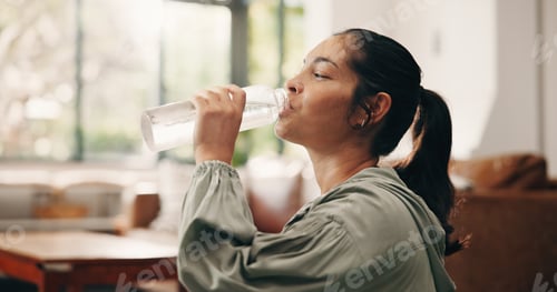 Preview: Woman, relax or drinking water in living room with bottle, wellness or natural detox for gut health