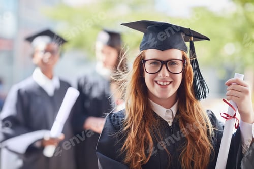 Preview: Happy woman, portrait and student with graduation certificate for qualification or achievement
