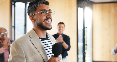 Preview: Speaker, man and talking in seminar with mic for professional training, knowledge and career growth