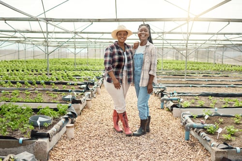 Preview: Portrait, team and black women with smile in greenhouse outdoor for career pride and collaboration