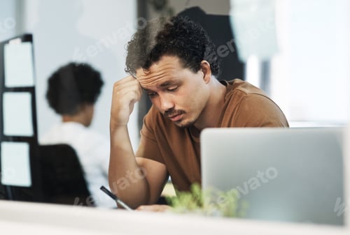 Preview: Man, headache and stress by glass at startup with mistake, overwhelmed or worry at media company