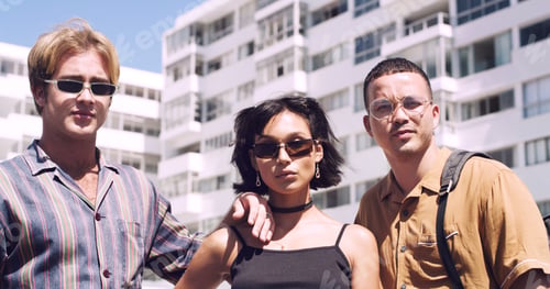 Preview: Retro, summer or friends in city for fashion, vintage outfit or confidence in 90s aesthetic