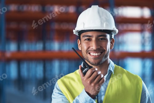 Preview: Man, radio and portrait in warehouse for logistics, storage site and contact with safety inspection