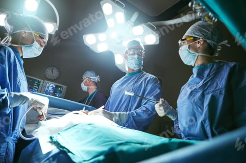 Preview: Talking, surgery and people in operating room, healthcare and hospital emergency service