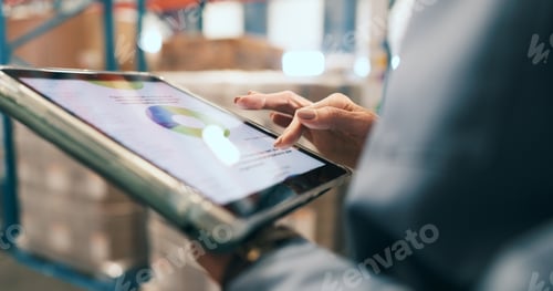 Preview: Tablet, screen and hands of woman in warehouse for supply chain, inventory and stock inspection