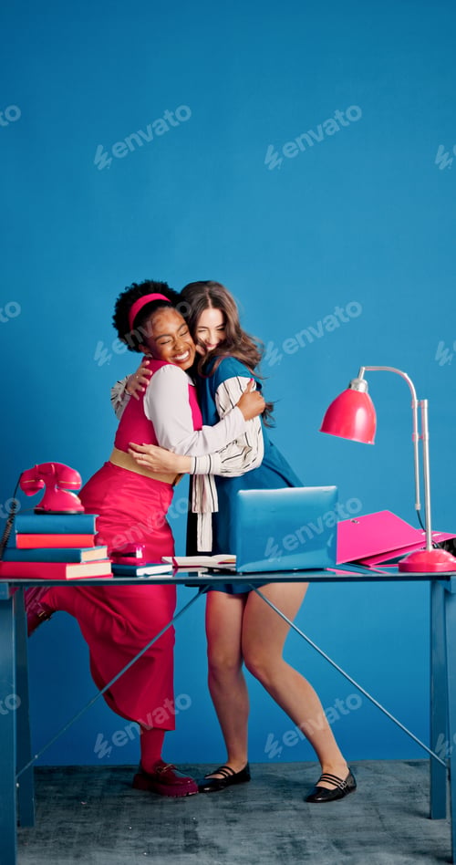 Preview: Happy, hug and business women in office with space for teamwork, bonding or friendship together