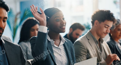 Preview: Business, woman and raised hand for question in seminar for participation