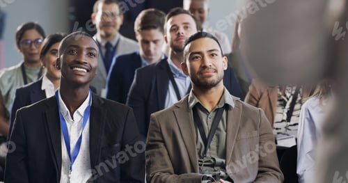 Preview: Smile, crowd or businesspeople at expo in training, information or skill building at conference