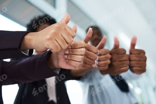 Preview: Hands, business people and thumbs up in office for agreement, success or collaboration for winning