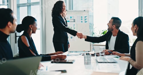 Preview: Business people, office and handshake for acquisition, deal or financial partnership