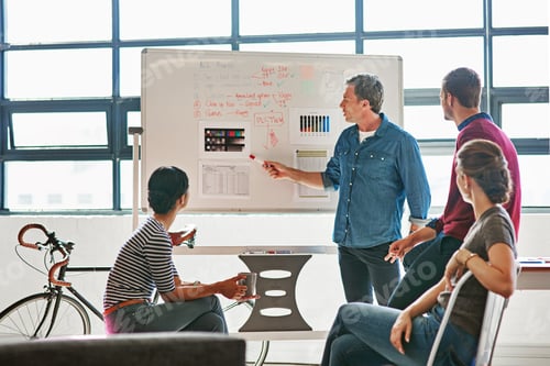 Preview: Teamwork, discussion and whiteboard with business people in office for meeting