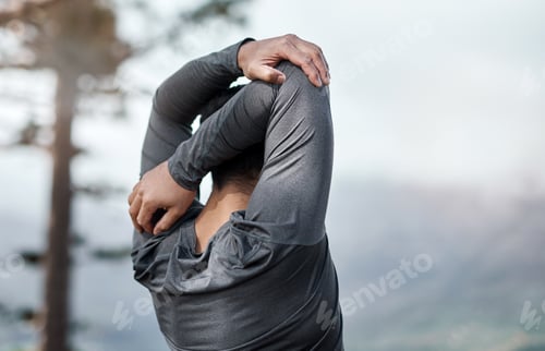 Preview: Fitness, back and person with stretching outdoor to start exercise, muscle preparation and wellness