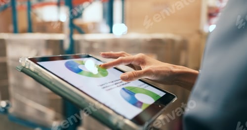 Preview: Logistics, graphs or hands in warehouse with tablet screen, inventory or data audit in stock check